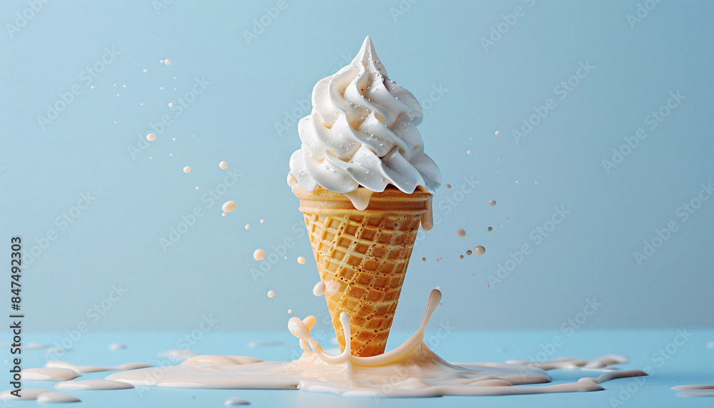 Melting ice cream cone on soft blue background in studio, a tempting summer treat. Melting ice cream cone on soft blue background in studio, a tempting summer treat.