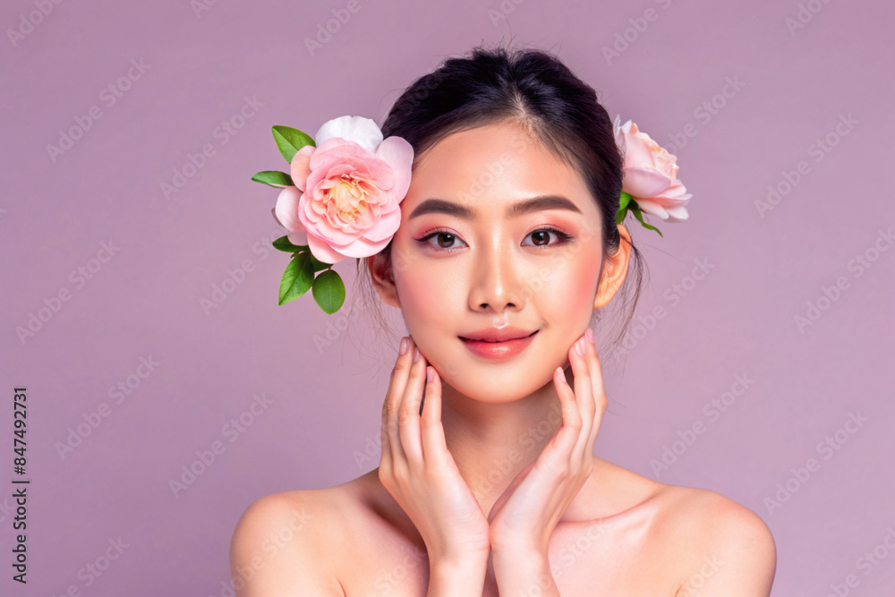 Beautiful Young Asian woman with clean fresh skin on solid background, AI Generative Beautiful Young Asian woman with clean fresh skin on solid background, AI Generative