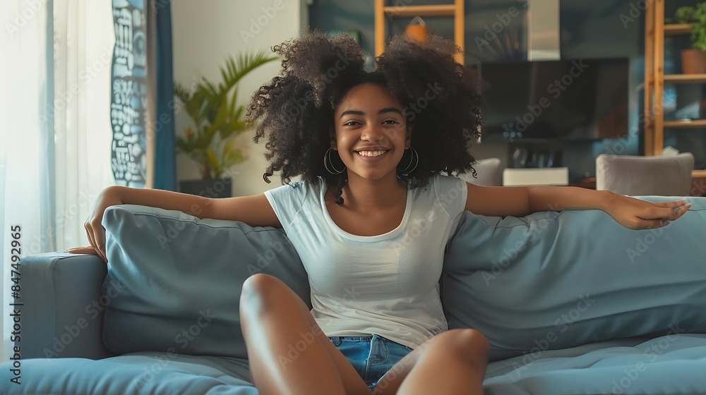 Smiling pretty girl relaxing on couch looking at camera in modern cozy house Happy young African American woman sitting on comfy sofa in living room at home Portrait : Generative AI Smiling pretty girl relaxing on couch looking at camera in modern cozy house Happy young African American woman sitting on comfy sofa in living room at home Portrait : Generative AI
