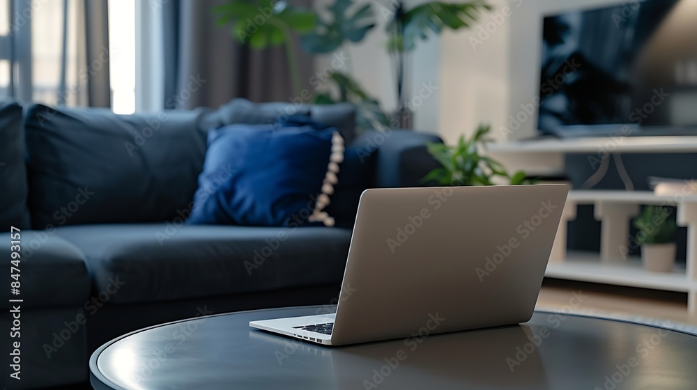Laptop on a coffee table in a modern furnished flat : Generative AI Laptop on a coffee table in a modern furnished flat : Generative AI