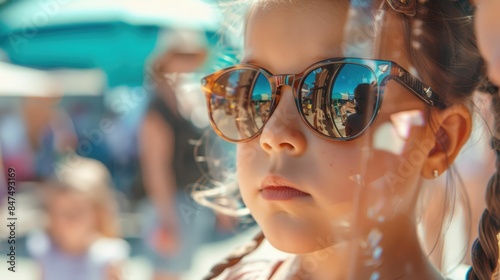 A closeup shot of a person in sunglasses by a pool, showcasing trendy eyewear and vision care. The azure background complements the stylish eye glass accessory AIG50
