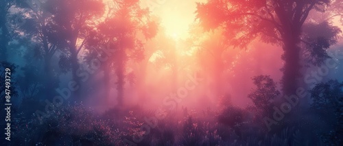 Misty morning forest, soft sunlight, tranquil background © rookielion