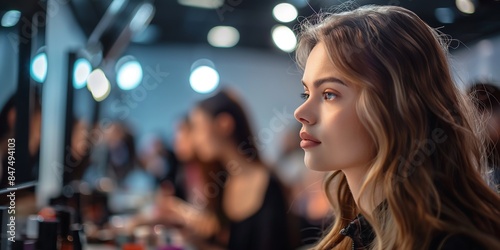 woman, Fashion Model Preparing Backstage Candid blurred background image of a fashion model getting ready backstage, with makeup artists and stylists working on final touches.