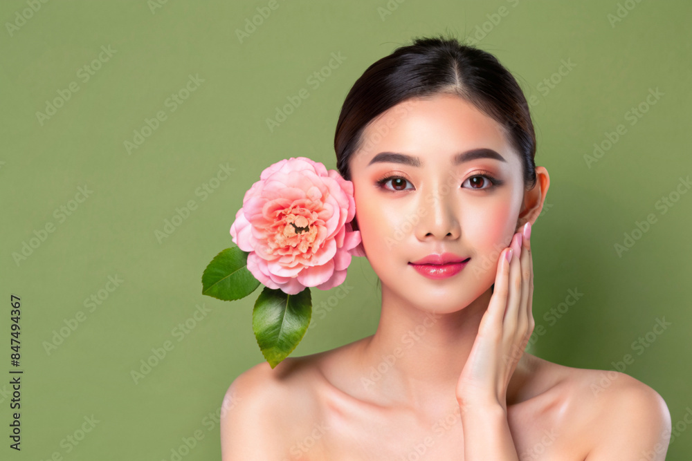 Beautiful Young Asian woman with clean fresh skin on solid background, AI Generative Beautiful Young Asian woman with clean fresh skin on solid background, AI Generative