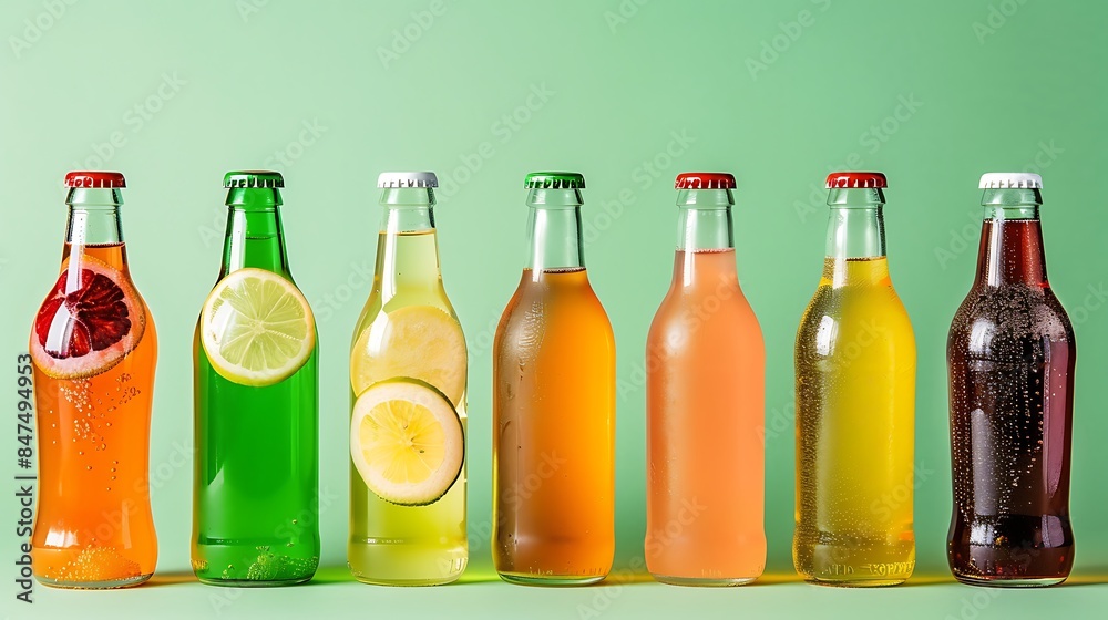 Assorted organic craft sodas green background Assorted organic craft sodas green background