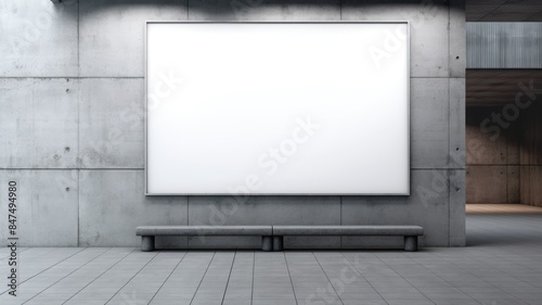 Blank white billboard in a subway station with tiled walls and a gritty, urban atmosphere. Billboard is rectangular and made of white metal and handing on wall. Copy space. Public transport. AIG35. © Summit Art Creations