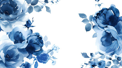 Blue rose white background, vintage flower border
