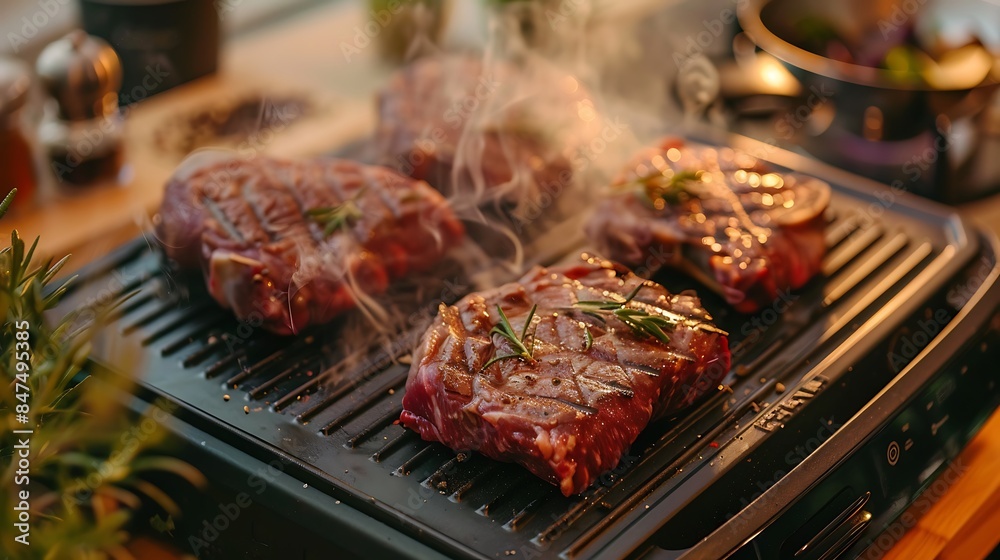 Barbecue party delicious beef steaks on a contact electric grill close up cooking in the home kitchen Barbecue party delicious beef steaks on a contact electric grill close up cooking in the home kitchen
