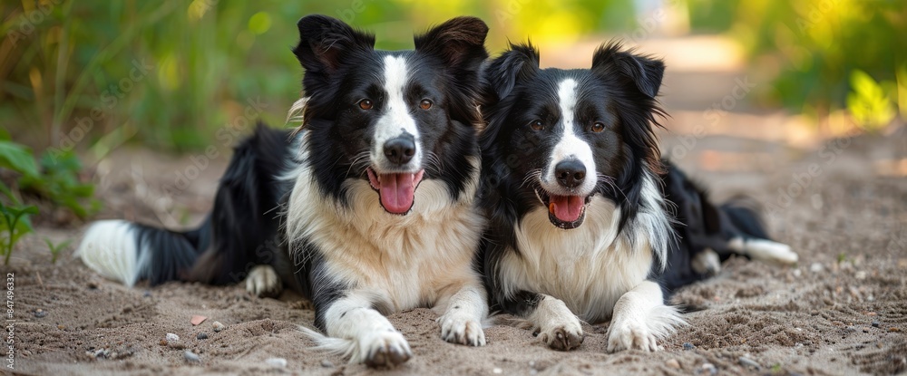 Black And White Border Collies Sitting And Lying Together On A Sandy Path In Green Nature, Harmonious And Beautiful, HD Black And White Border Collies Sitting And Lying Together On A Sandy Path In Green Nature, Harmonious And Beautiful, HD