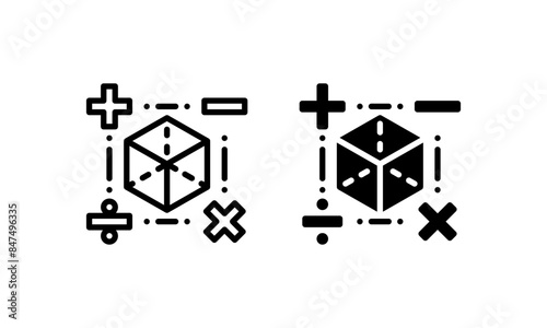 Mathematics icons, represented by plus, minus, multiply, divide and cube symbols. icons in outline and glyph style