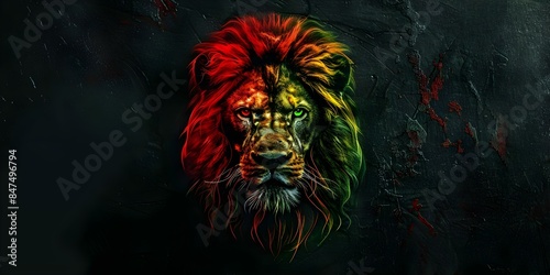 Lion head with Rastafarian colors on black background artistic and vibrant. Concept Artistic Portraits, Vibrant Colors, Creative Props, Rasta Inspired, Black Background