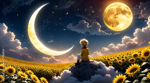 Little Prince in Sunflower Field with Moon.