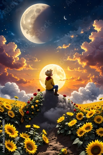 Little Prince on a Hilltop with Sunflowers.
