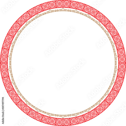 Round red and gold Frame, workpiece for your design. Ornamental elements and motifs of Kazakh, Kyrgyz, Uzbek. Decoration of nomadic homes, textiles, plate, ceramics, print design. Circle frame. Vector