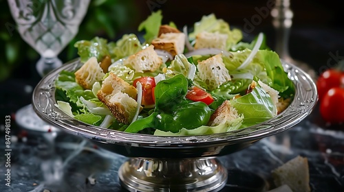 Caesar salad on siliver dish photo