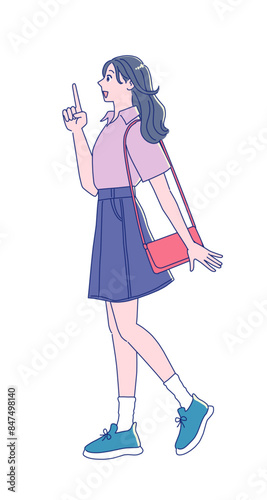笑顔で歩くアニメ風の若い女性