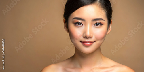 Beautiful Young Asian woman with clean fresh skin on solid background, AI Generative