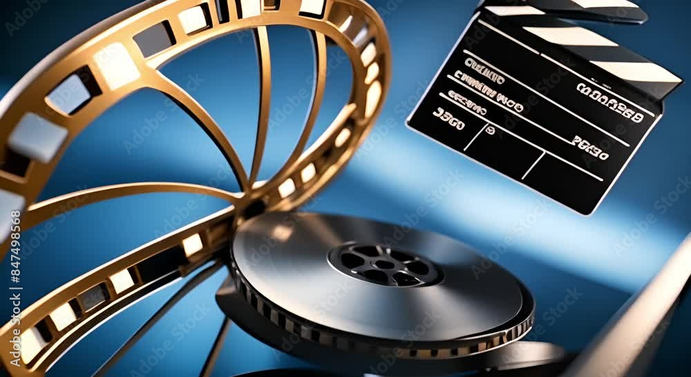 Cinema film strips and reels with clapper board