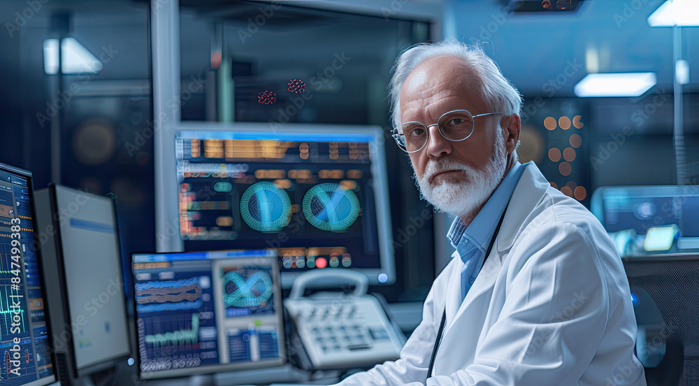 Businessman Analyzing Financial Data on Digital Screen in Office Businessman Analyzing Financial Data on Digital Screen in Office