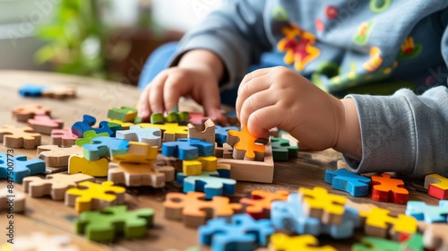 Child Sitting at Table Sorting Through Various Wooden Puzzle Pieces of Different Shapes and Colors