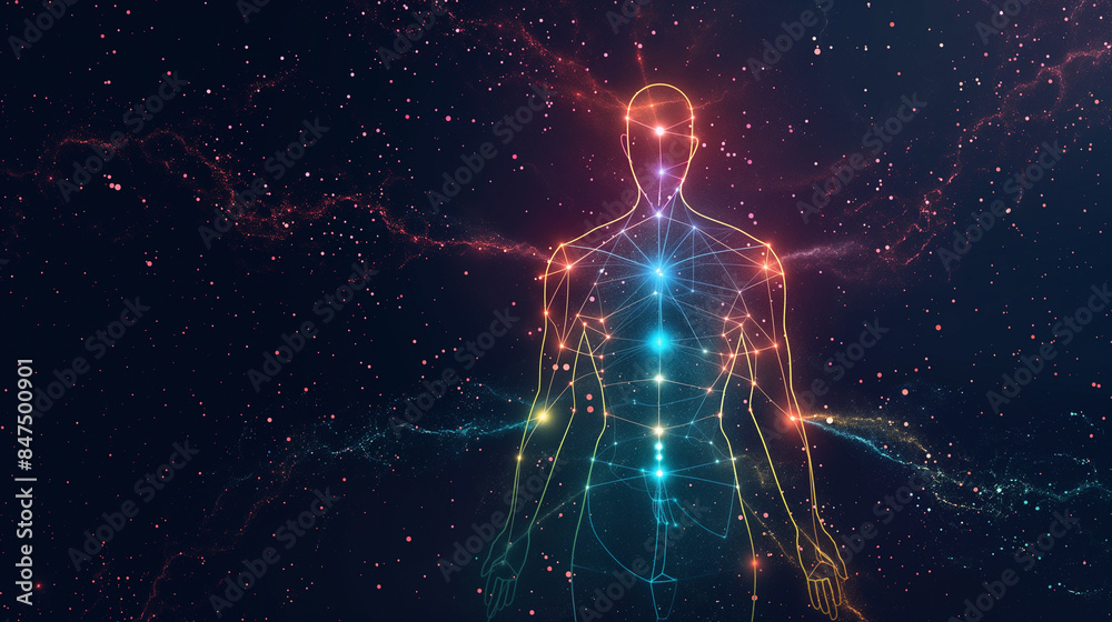 A colorful human body is surrounded by a galaxy of stars A colorful human body is surrounded by a galaxy of stars