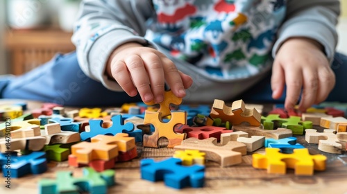 Child Sitting at Table Sorting Through Various Wooden Puzzle Pieces of Different Shapes and Colors