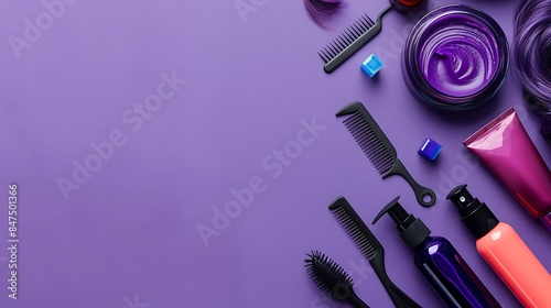 Hair care and styling products with combs layout on purple background