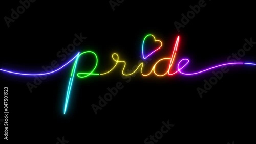 Pride word Continuous line script cursive calligraphy text in neon effect on black background