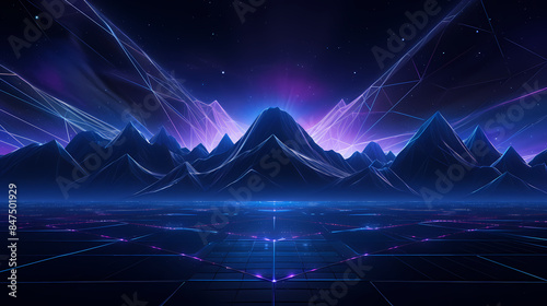 With blue glowing lines and mountains in the distance