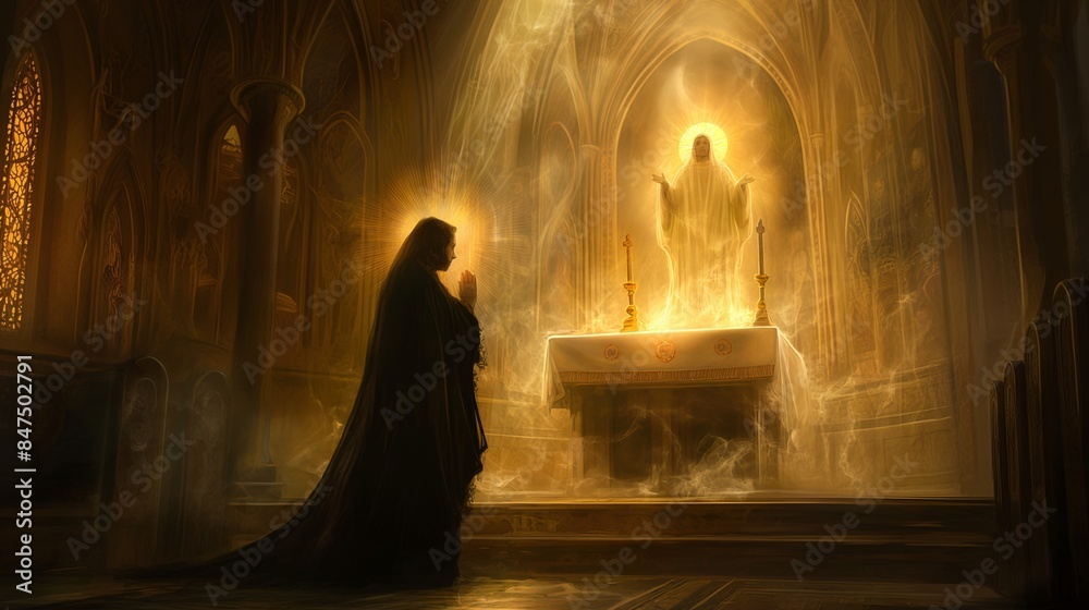 Painting of Jesus appearing to a kneeling nun, surrounded by a heavenly glow, set in a church interior. Painting of Jesus appearing to a kneeling nun, surrounded by a heavenly glow, set in a church interior.