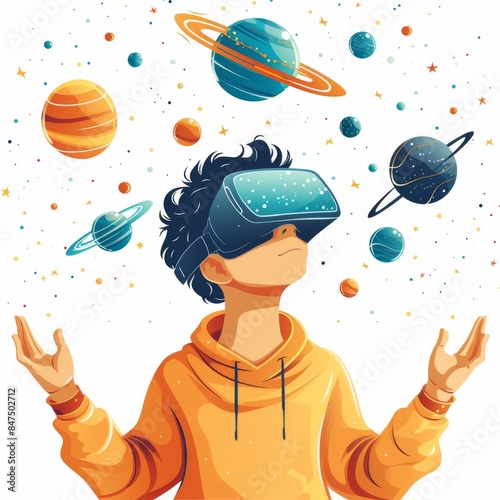 Flat vector image, young guy in virtual reality glasses on a white background near his head spinning different planets. Minimalistic style