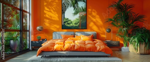 A Stylish Composition Of An Orange Bedroom Interior With A Mockup Poster Frame, Vibrant And Inviting, HD