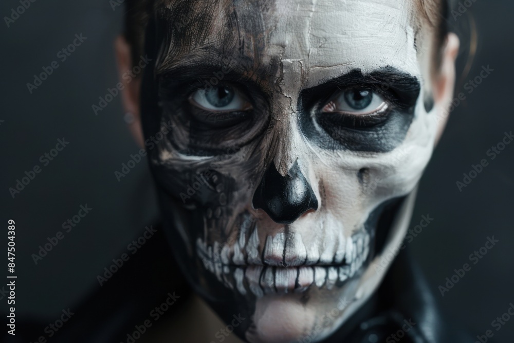 Naklejka premium Close-up of a man wearing skull makeup for Halloween