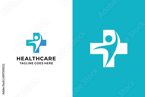 Happy healthcare medical cross logo design vector illustration 