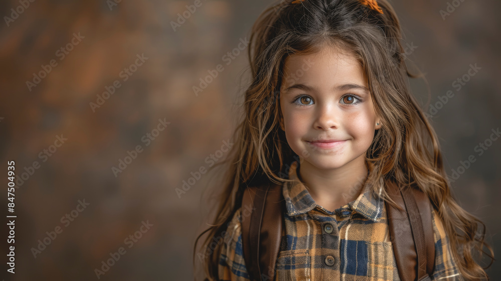 Portrait of a little Spanish girl with a backpack on a brown background. Portrait of a little Spanish girl with a backpack on a brown background.