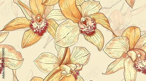 Seamless pattern of hand-drawn pastel-colored floral and leaves, creating a soft and romantic design