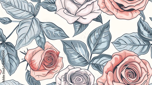Seamless pattern of hand-drawn pastel-colored roses and leaves, creating a soft and romantic design