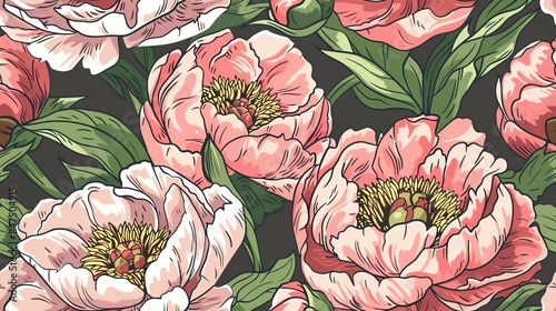Seamless pattern of hand-drawn pastel-colored floral and leaves, creating a soft and romantic design