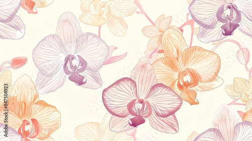 Seamless pattern of hand-drawn pastel-colored floral and leaves, creating a soft and romantic design