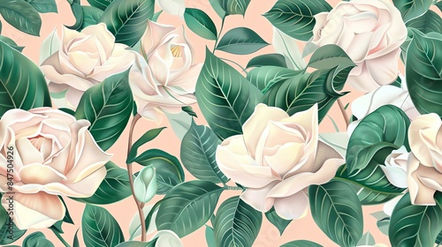 Seamless pattern of hand-drawn pastel-colored roses and leaves, creating a soft and romantic design