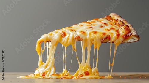 Hot cheese stringy slice lifted of full baked pizza isolated on a gray background