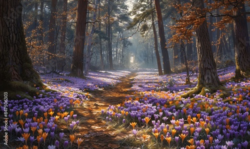 the magic of early spring with a stunning vista of blooming crocus in a sun-kissed oak woodland.