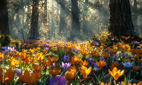 Saffron-hued crocus flowers bloom amidst a sun-dappled oak woodland in early spring