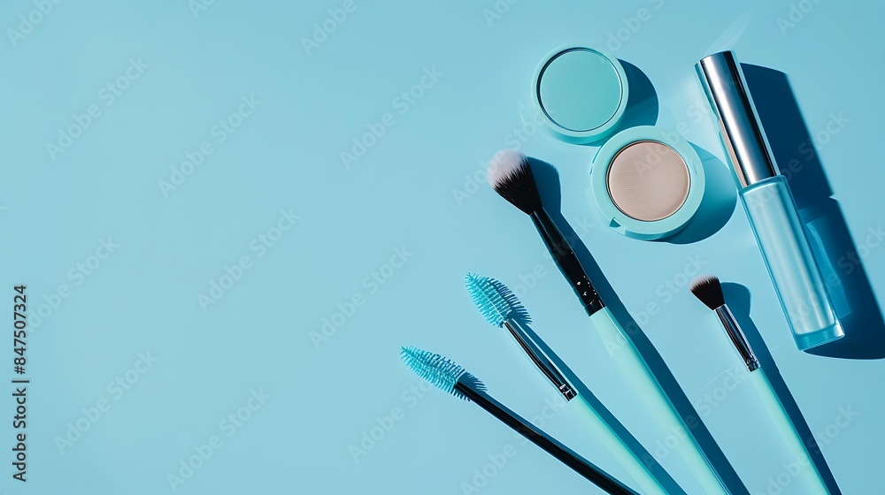 Make up items on blue color background Make up items on blue color background