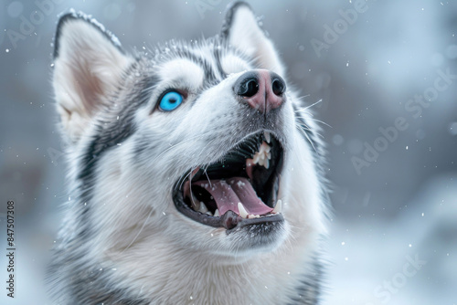 A Siberian Husky with its mouth open, looking like it's laughing