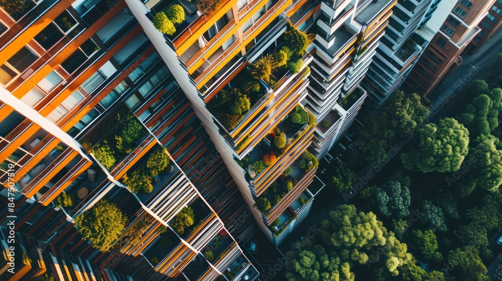 An aerial view of a modern apartment complex with rows of balconies ...