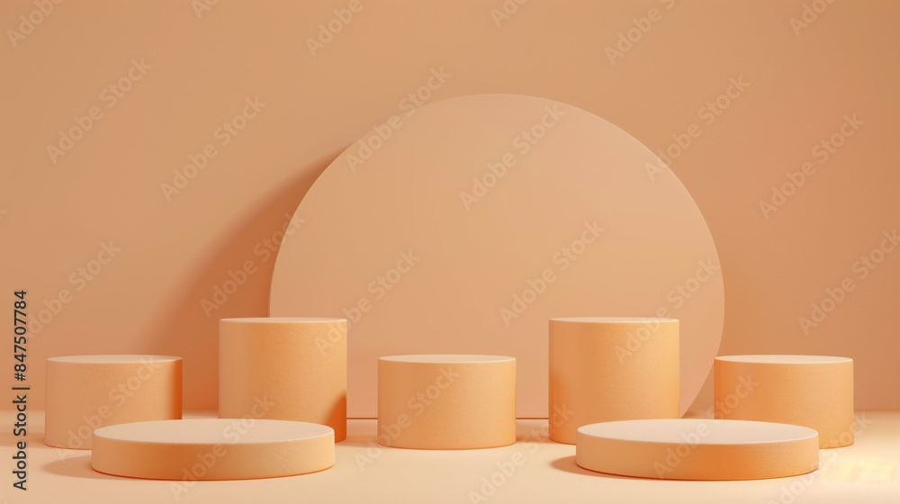 Five Minimalist Light Orange Toned Round Podiums for Product Presentation on Empty Background. Ideal for E-commerce and Advertising Displays, Showcasing Minimalist Style and Elegance Five Minimalist Light Orange Toned Round Podiums for Product Presentation on Empty Background. Ideal for E-commerce and Advertising Displays, Showcasing Minimalist Style and Elegance