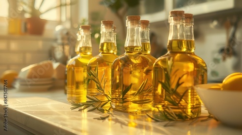 Palm cooking oil products in glass bottles on the kitchen table..