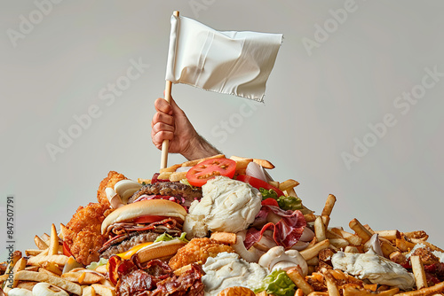 Conceptual image of a hand holding a white flag, surrendering amidst a mound of greasy fast food, symbolizing the struggle to overcome junk food