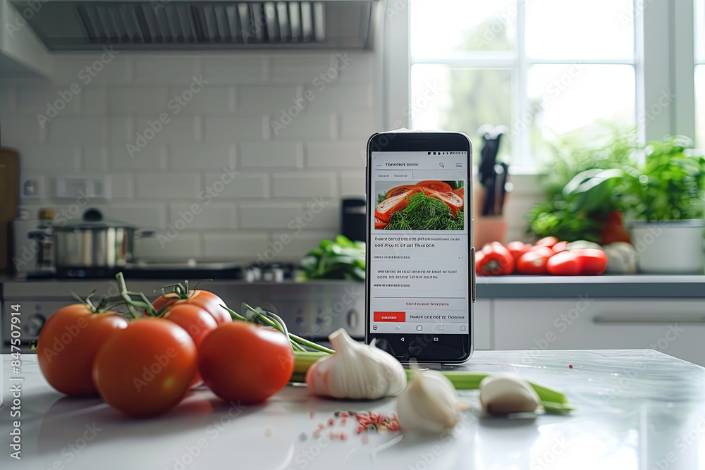 Smartphone displaying an online cooking recipe, surrounded by fresh ...